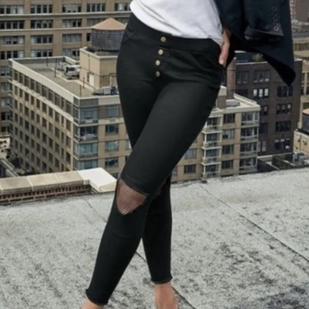 New Zeza B 3X black high-rise busted knee skimmer skinny ankle stretch jeans‎